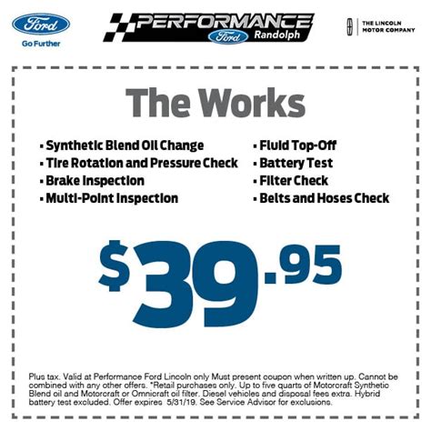 Ford service coupons printable - FordPass Rewards members also earn 10 Points per $1 spent on Ford Service. *Dealer-installed retail purchases only. Limit one offer per vehicle. $125 tire rebate or 26,000 FordPass ® Rewards bonus Points on Bridgestone Alenza A/S Ultra and Bridgestone Turanza EV tire lines. $100 tire rebate or 22,000 FordPass Rewards bonus Points on any ...